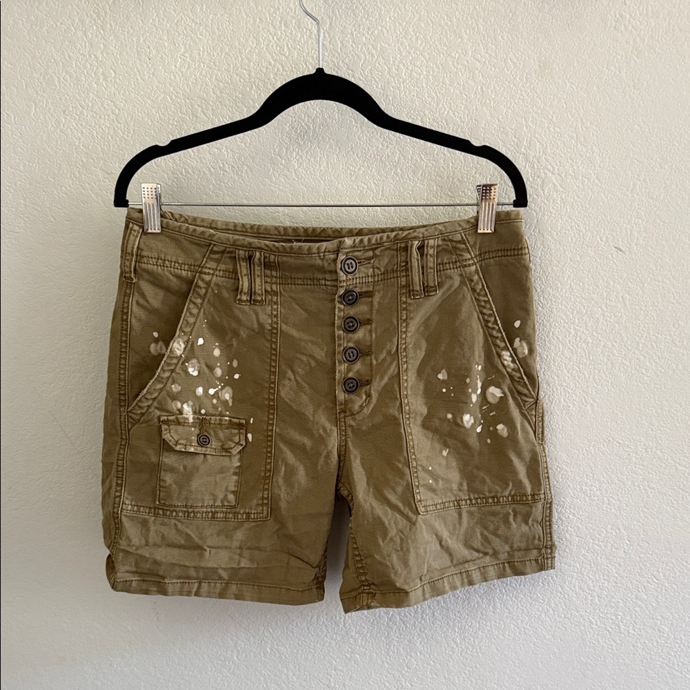 Anthropologie Olive Cargo Shorts with Paint Splatter